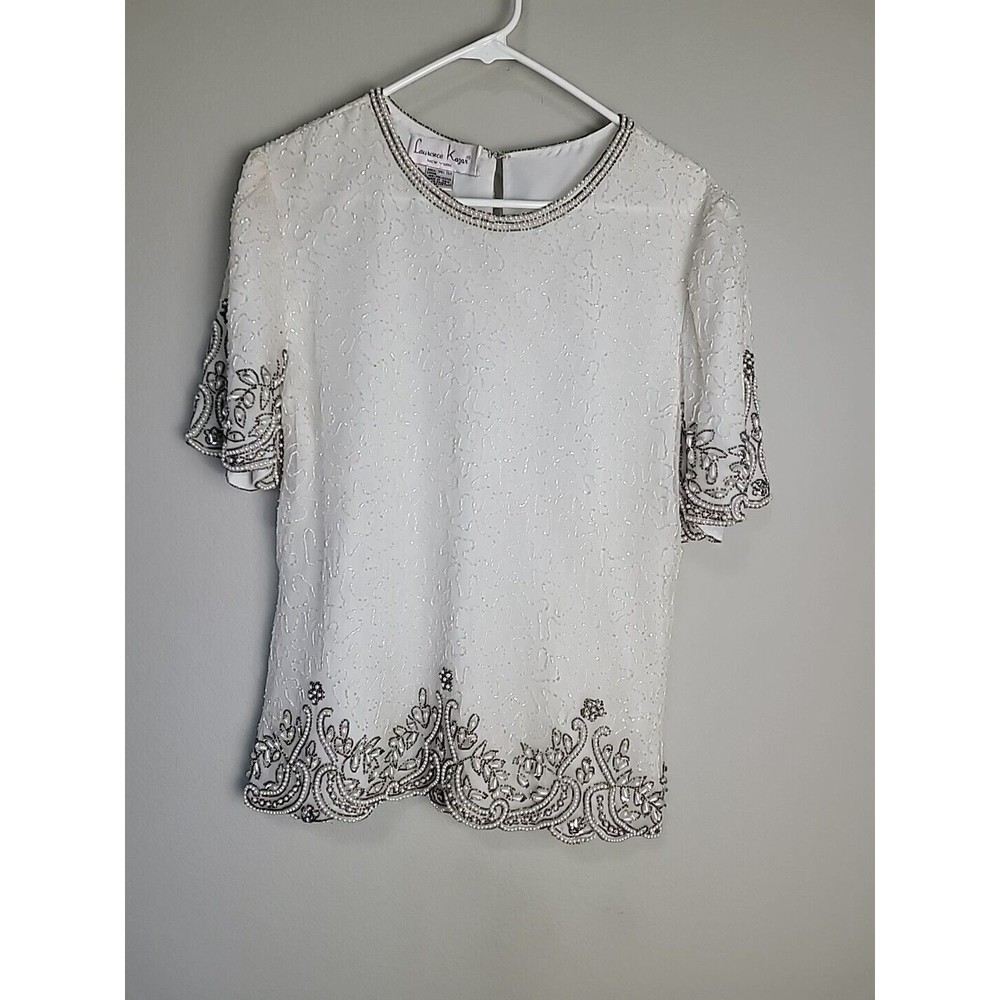 Laurence Kazar Beaded Silk Party Blouse white And Silver Embellished Top Sz L